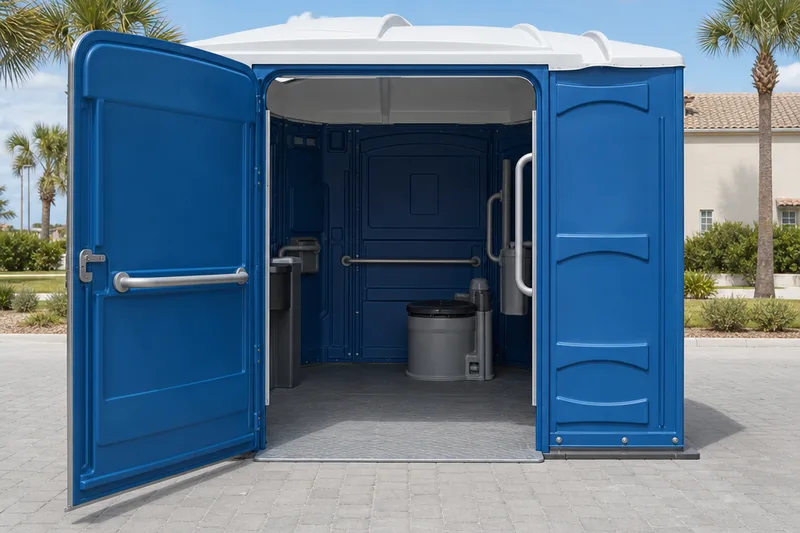 Wide blue accessible portable toilet with open door and ground-level entry