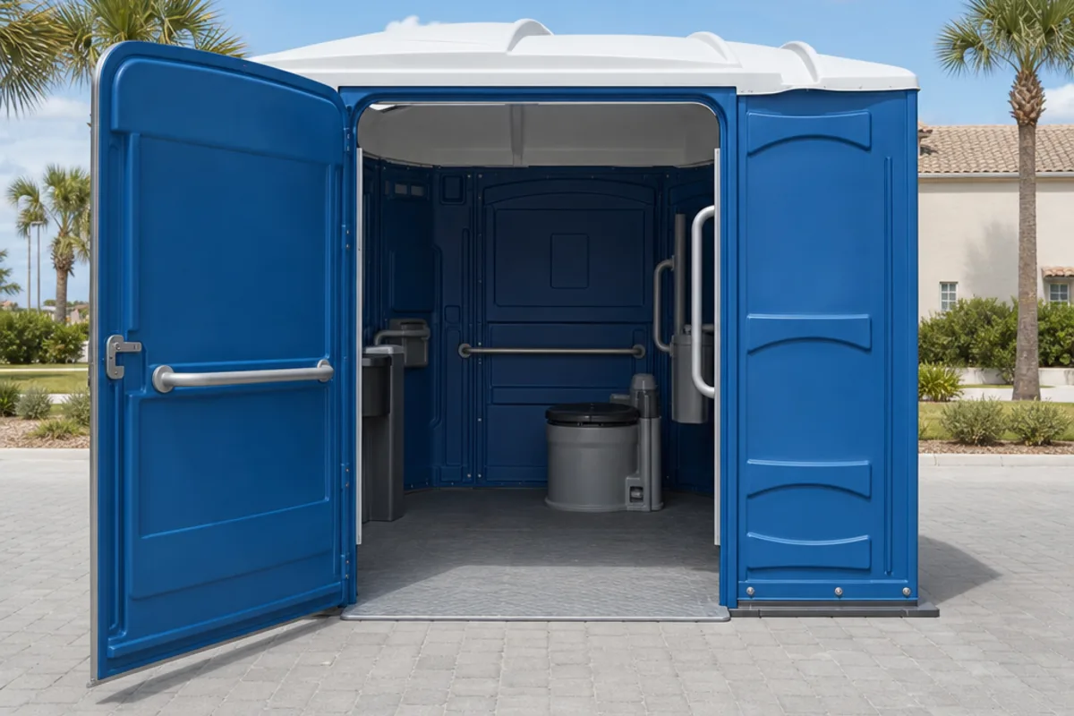Wide blue accessible portable toilet with open door and ground-level entry