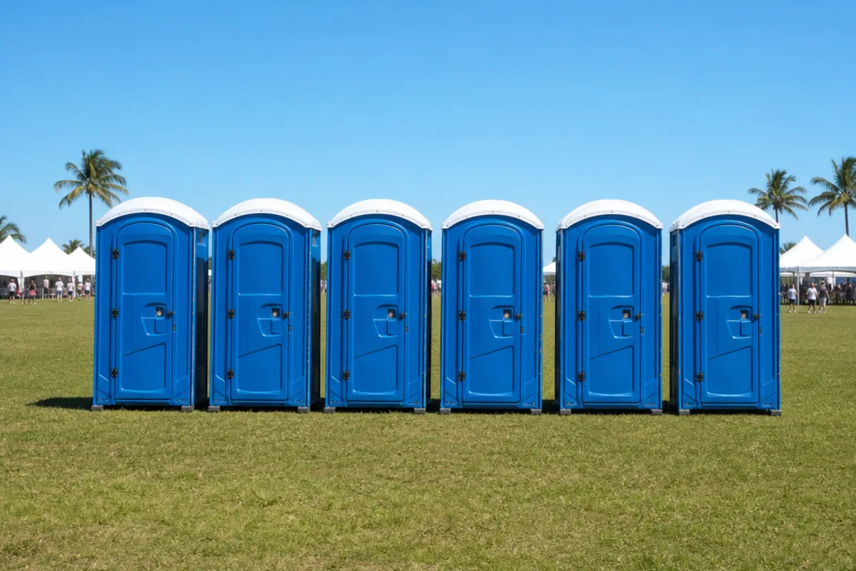 Six blue portable toilets on grass with event tents behind them
