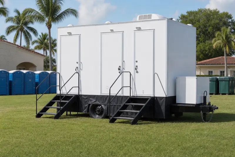 White restroom trailer with steps and railings at an outdoor venue