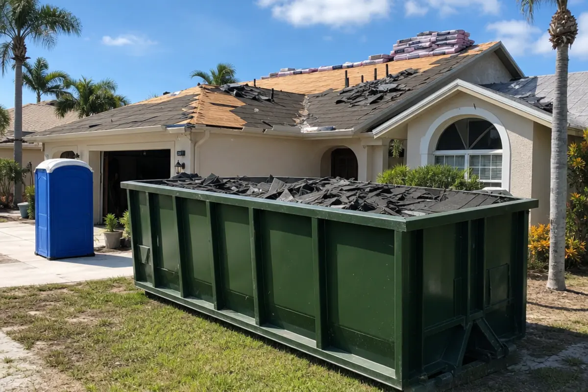 Dark green dumpster beside a house during roof shingle removal